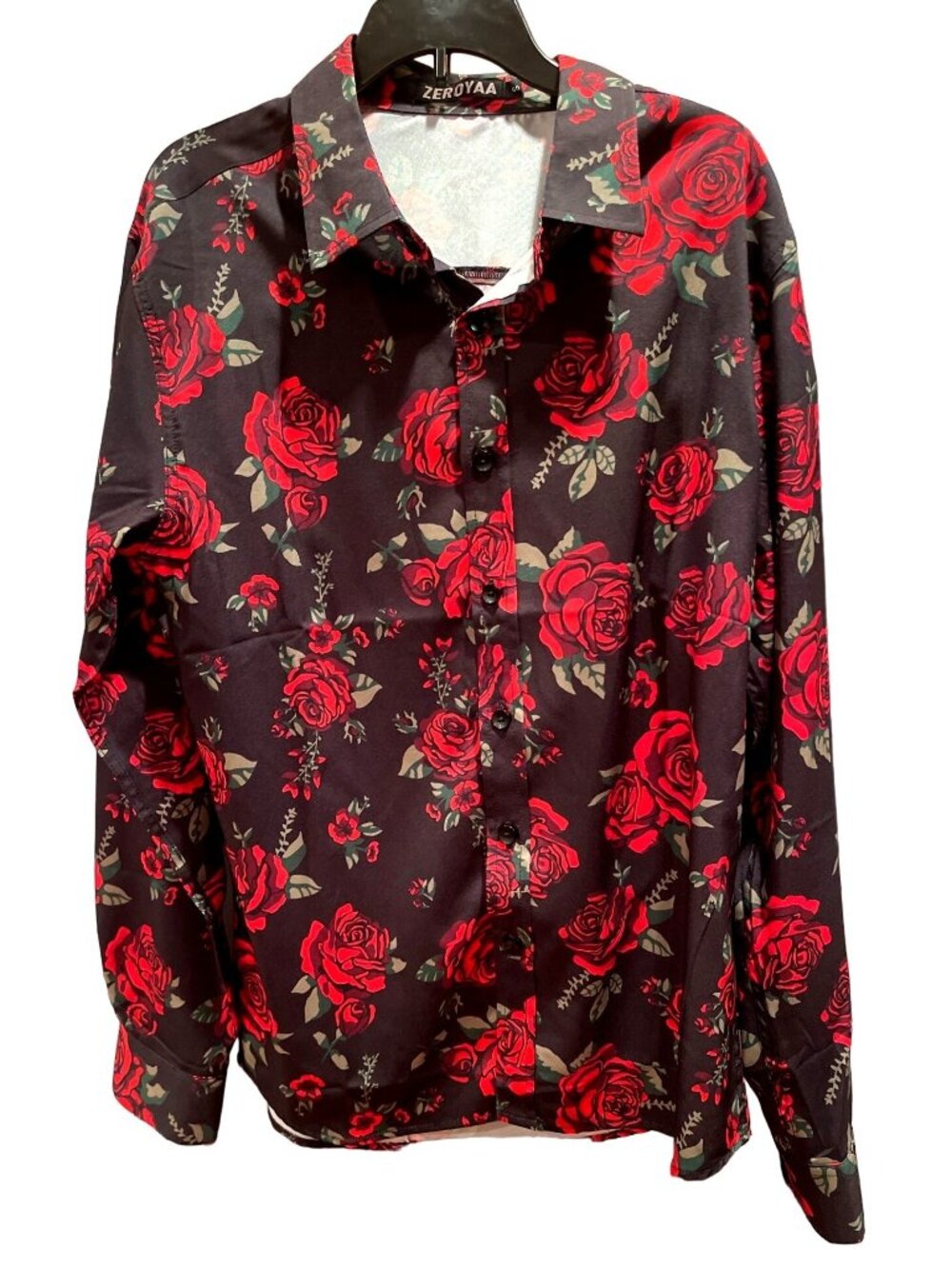 ZEROYAA Men's S Black Red Rose Button Down Shirt Casual Long Sleeve Collared Top